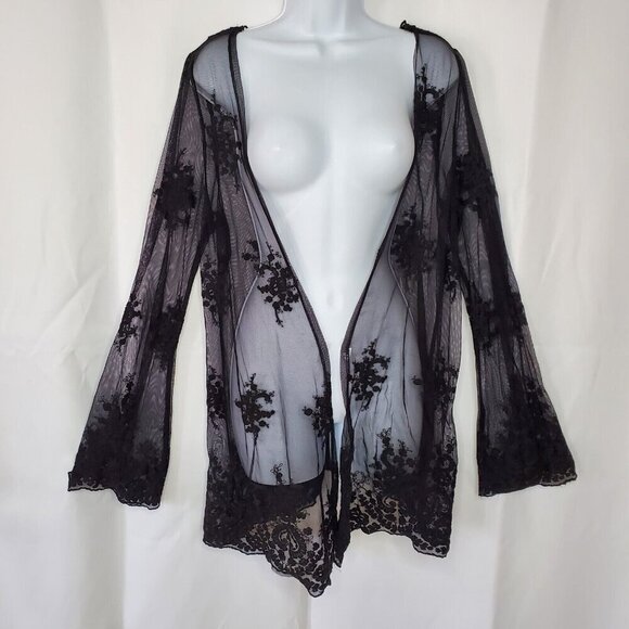 Black Floral Mesh Lace Crochet Open Top Cardigan M Witchy Whimsigoth Dark Fairy - Picture 2 of 8